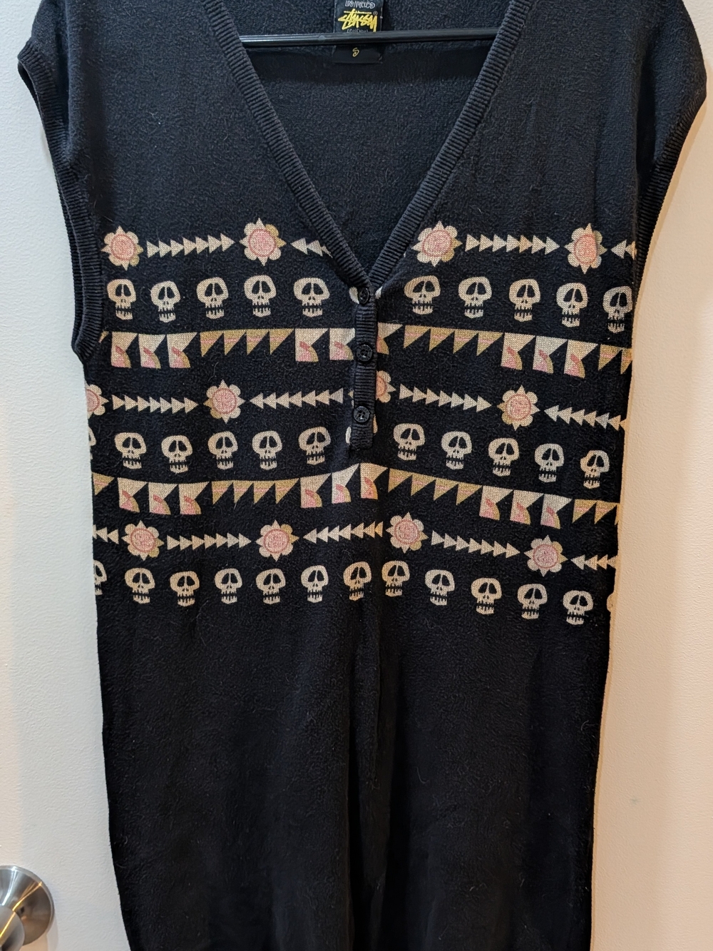Stussy Black V-Neck Skull & Rose Knit Dress